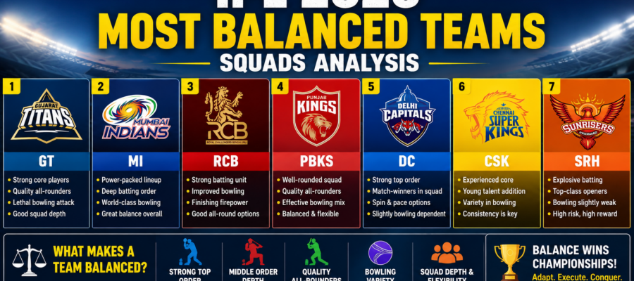 IPL 2026 teams comparison showing most balanced cricket squads including MI, GT, RCB and PBKS analysis chart