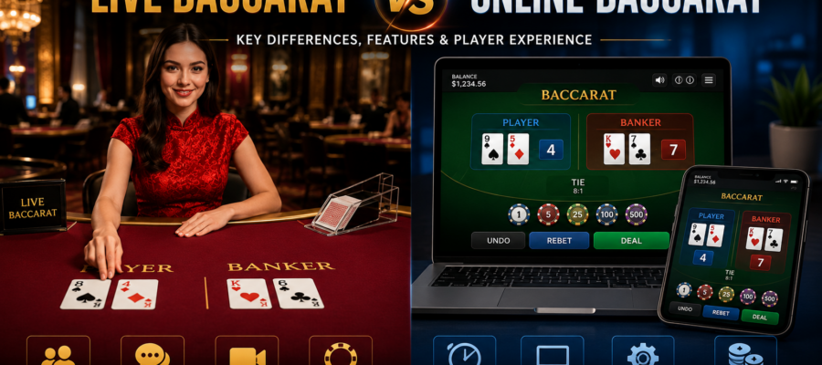 Player comparing live baccarat dealer tables with virtual online baccarat casino games on a laptop and mobile screen.