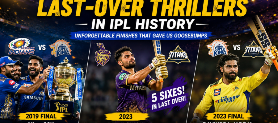 Rinku Singh and IPL stars celebrating dramatic last-over thriller moments in IPL history during high-pressure matches.