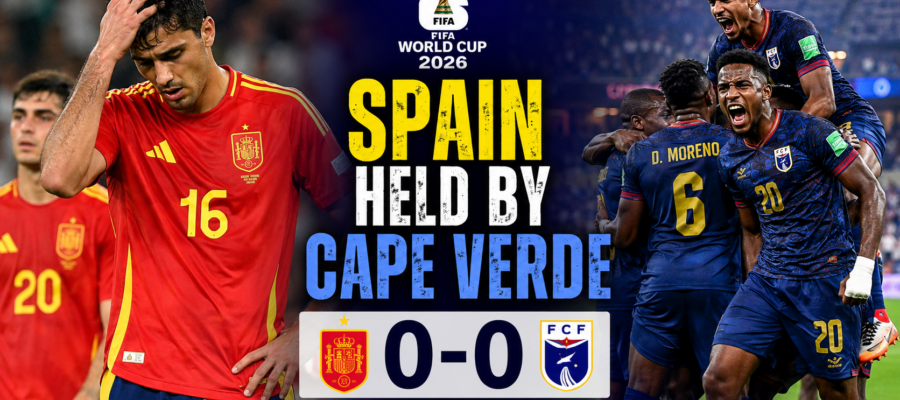 Spain players react after being held to a surprise 0-0 draw by Cape Verde during the FIFA World Cup 2026 group-stage match