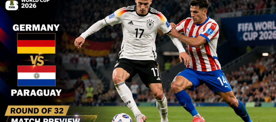 Germany and Paraguay players compete for possession during the FIFA World Cup 2026 Round of 32 match preview.