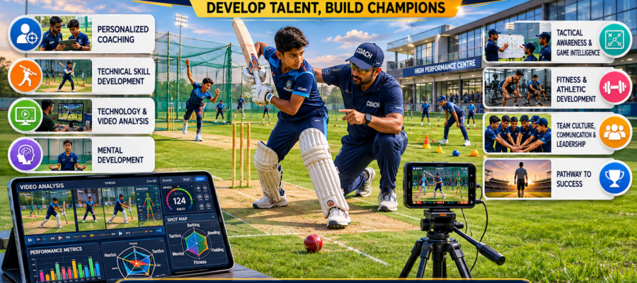 Young cricketers receiving professional coaching and skill development training at a modern cricket academy.