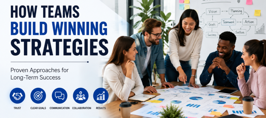 Business team collaborating to develop winning strategies and achieve long-term organizational success through teamwork