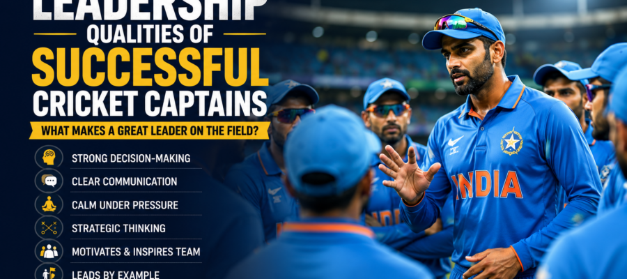 Successful cricket captain motivating teammates on the field with strong leadership and strategic decision-making during a match