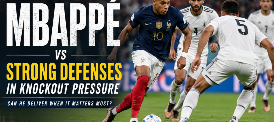 Kylian Mbappé challenges a strong defensive line during a high-pressure FIFA World Cup 2026 knockout match for France.
