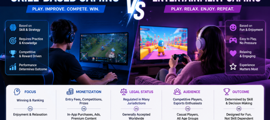 Comparison of skill-based gaming and entertainment gaming showing strategy-based play versus casual fun gaming experience.
