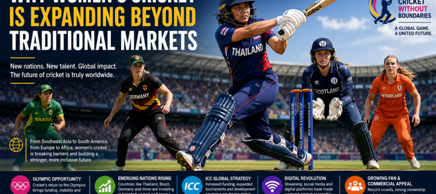 Women cricketers from emerging nations competing in an international match, highlighting the global growth of women’s cricket.
