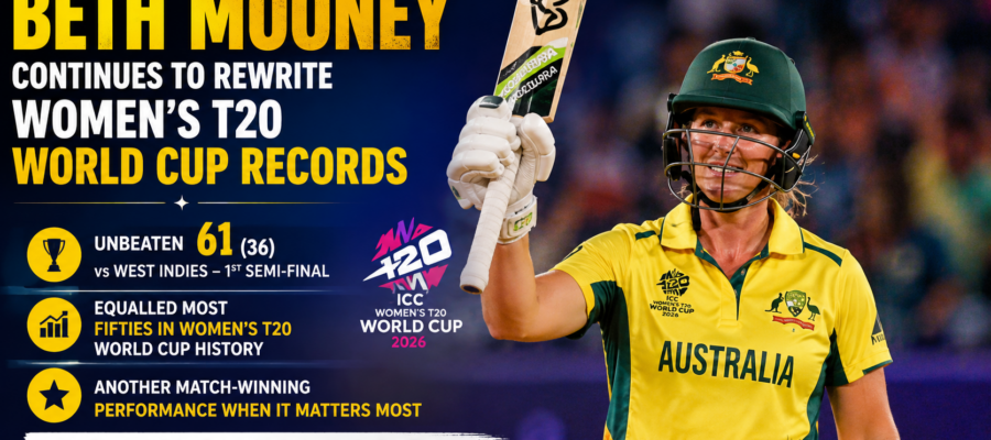 Beth Mooney celebrates after scoring an unbeaten 61 during Australia's Women's T20 World Cup 2026 semi-final against West Indies.