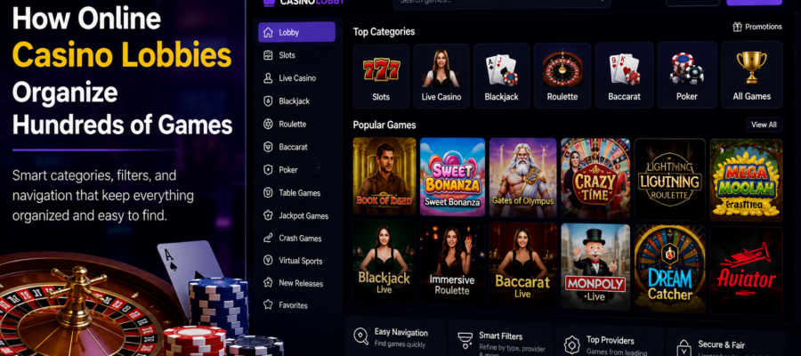 Player browsing an organized online casino lobby with slots, live casino games, blackjack, roulette, poker, and search filters.