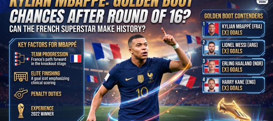 Kylian Mbappé celebrating a goal during the 2026 FIFA World Cup as he competes for the Golden Boot after the Round of 16.
