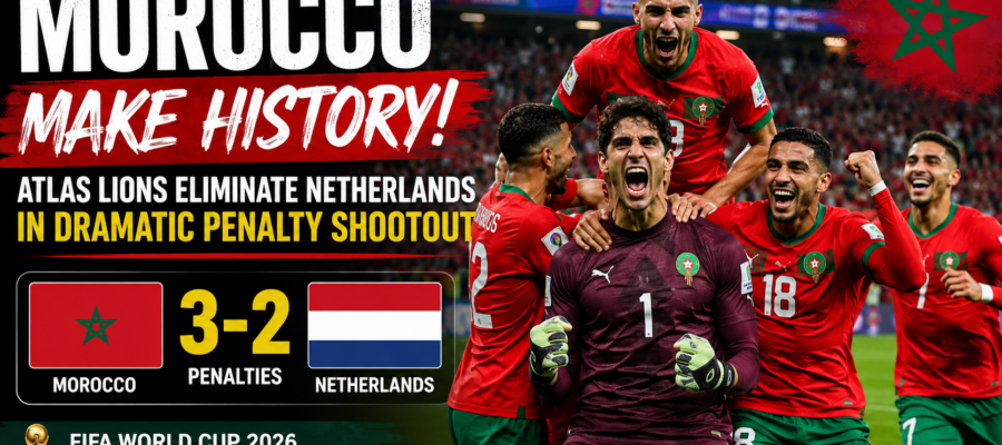 Morocco players celebrate after defeating the Netherlands in a penalty shootout to reach the FIFA World Cup 2026 Round of 16.