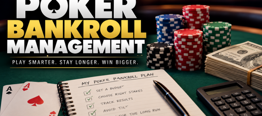 Player managing a poker bankroll with poker chips, cards, and cash while tracking winnings for responsible poker play.