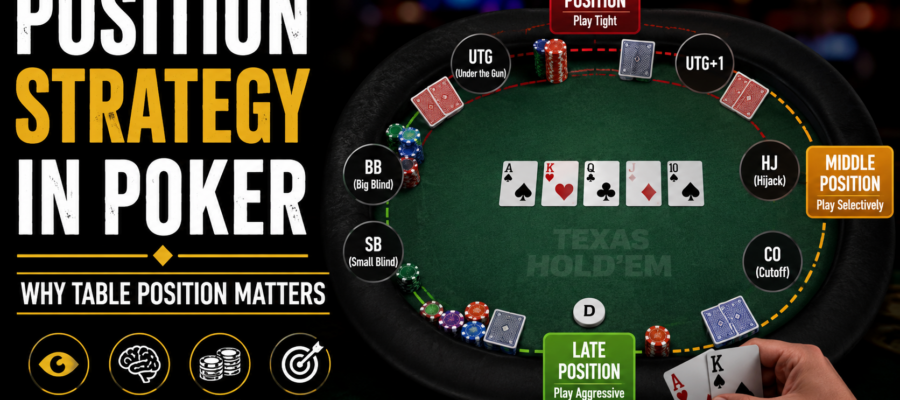 Poker player using table position strategy to make a smart betting decision during a Texas Hold'em game.